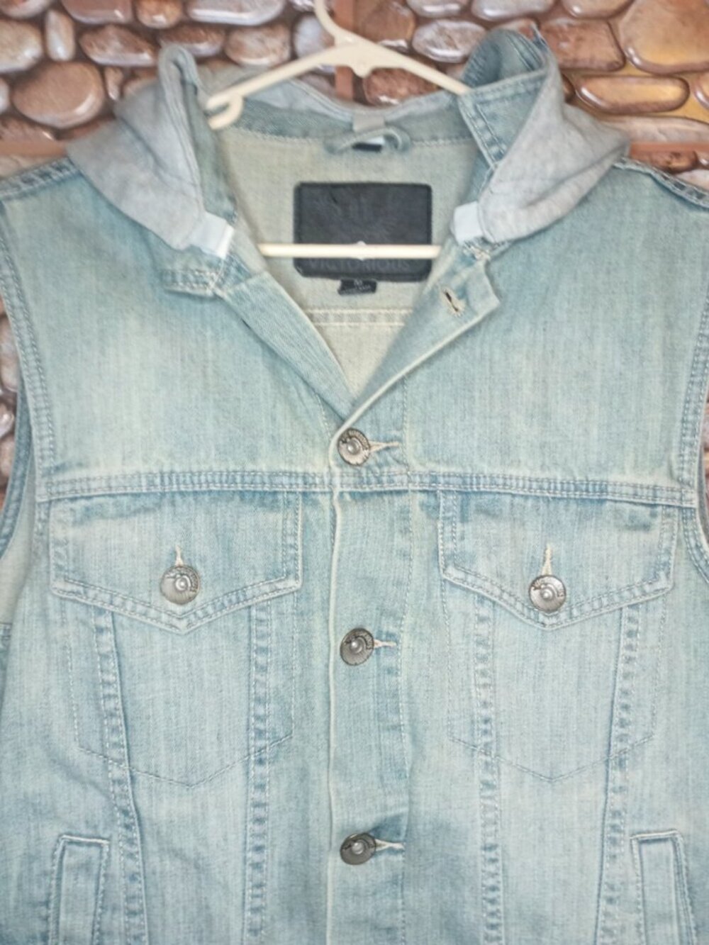Sleeveless Denim Vest Detachable Hood Stone Wash Blue & Gray Size M Grunge - Picture 9 of 16
